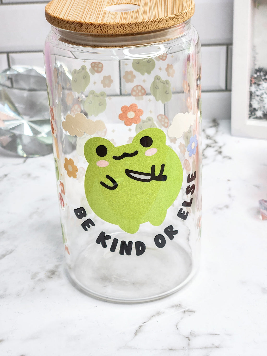 Be Kind Froggie 16 oz libbey glass can