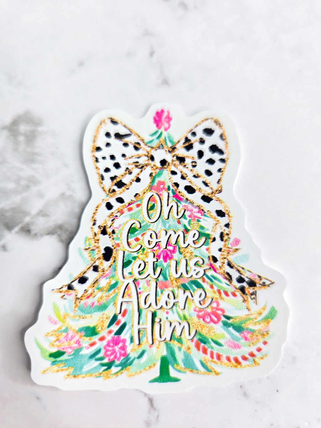 Oh come let's adore Him Christmas tree sticker
